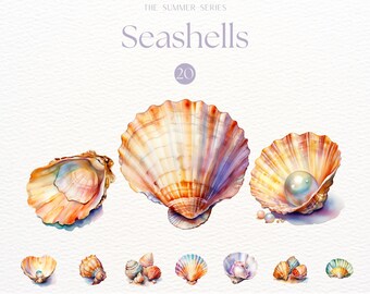 May include: Watercolor illustration of seashells in various shapes and sizes. The image features a large, open shell with a pearl, and several smaller shells. The text "Seashells 20" is at the top.