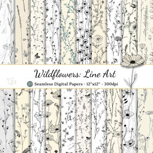 Wildblumen Line Art Nahtloses digitales Papier, Florales druckbares Scrapbook-Papier, Florale Hintergründe, Muster, Basteln, DIY, schwarz & weiß