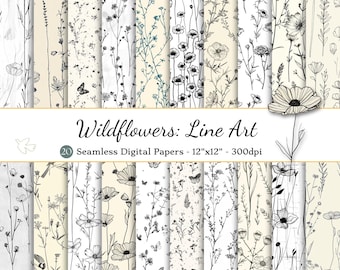 Wildblumen Line Art Nahtloses digitales Papier, Florales druckbares Scrapbook-Papier, Florale Hintergründe, Muster, Basteln, DIY, schwarz & weiß
