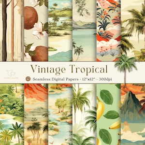 Papier numérique sans couture tropical vintage, modèle imprimable de scrapbooking sur les îles tropicales, arrière-plans de palmiers, tissu numérique à usage commercial