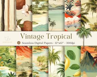 Vintages tropisches nahtloses digitales Papier, druckbares Tropical Island Scrapbook-Muster, Palme-Hintergründe, kommerzielle Nutzung digitaler Stoff