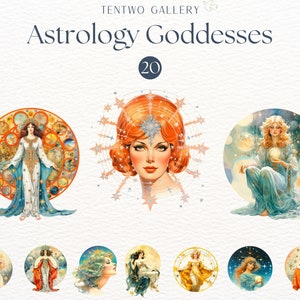 Astrology Goddesses Clipart, Vintage Astrology Sublimation, Hippie Spiritual, Mythology Clipart, Antique Goddess PNG, Mystical Retro Designs