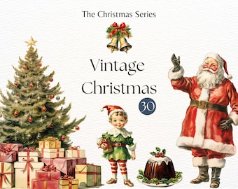 Zestaw Vintage Christmas Clipart | Ilustracje Retro Christmas | Boże Narodzenie PNG | Projekty sublimacji świątecznej | Wykorzystanie komercyjne