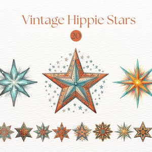 Vintage hippie sterren clipart | Sterren PNG | Groovy Stars-illustraties | Boho hippiesterren | Retro Star-sublimatie | Ongewenste krant |
