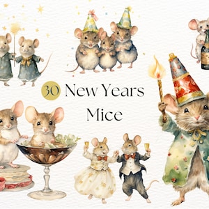 Clipart de souris du nouvel an | Clipart fête aquarelle | Sublimation mignonne du Nouvel An | Souris aquarelle | Aquarelle vintage | Clipart de souris d'hiver