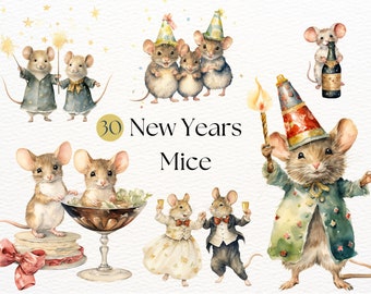 New Years Mice Clipart | Watercolor Party Clipart | Cute New Years Sublimation | Watercolor Mouse | Vintage Watercolor | Winter Mice Clipart