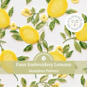 Lemons Faux Embroidery seamless pattern, fruit seamless file for fabric printing, Lemon repeating pattern, Digital fabric, retro cottagecore