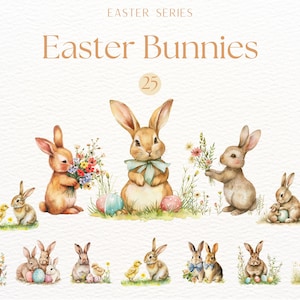 Easter Bunnies Clipart, Cute Bunny Graphics, Watercolor Floral Bunnies, Easter Sublimation, Spring Clipart, Adorable Bunnies with Chicks