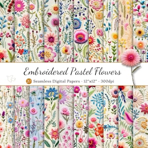 Gestickte Pastell Blumen Nahtloses digitales Papier, künstliche Stickerei, bedruckbares Scrapbook-Papier mit Blumen, florale Hintergründe, adrettes Muster