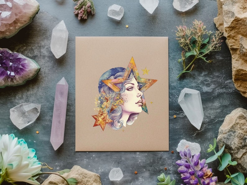 May include: A watercolor illustration of a woman's face with a large star behind her head. The star is made up of different colors and has a gold outline. The woman's hair is blue and purple and she has a soft, dreamy expression.