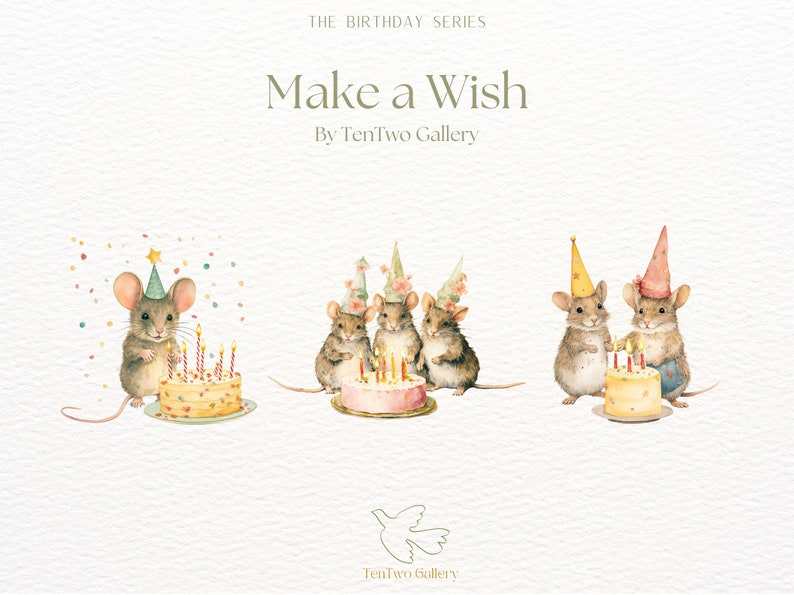 May include: Three mice wearing party hats are gathered around a birthday cake with lit candles. The cake is decorated with colourful sprinkles. The mice are smiling and appear to be making a wish. The image is titled "Make a Wish" and is part of "The Birthday Series" by TenTwo Gallery.