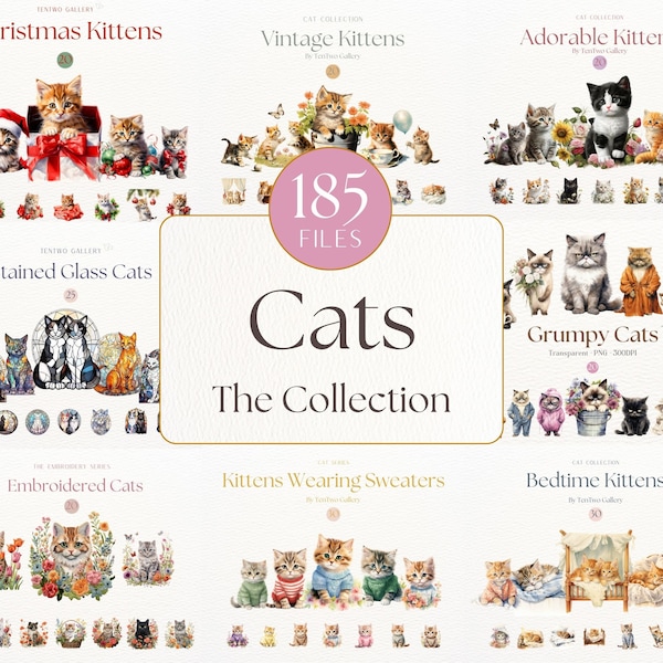 Cat Clipart Collection, Cute Kittens Clipart, Cat Value Bundle, Floral Cats, Grumpy Cats, Vintage Kittens, Embroidered Cats, Feline Graphics