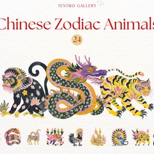 Chinese Zodiac Animals Clipart, Eastern Astrology Graphics, Chinese Zodiac Signs Sublimation, Chinese New Year Designs, Star Sign Symbols