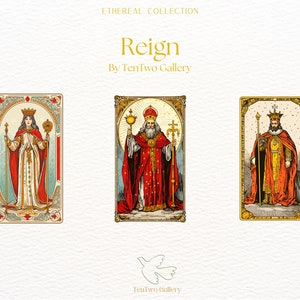 May include: Three tarot cards with gold frames and ornate designs. The cards depict a queen, a king, and a pope, each holding a scepter and wearing a crown. The cards are part of the Reign collection by TenTwo Gallery.