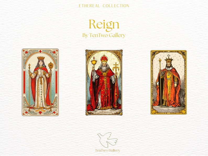 May include: Three tarot cards with gold frames and ornate designs. The cards depict a queen, a king, and a pope, each holding a scepter and wearing a crown. The cards are part of the Reign collection by TenTwo Gallery.
