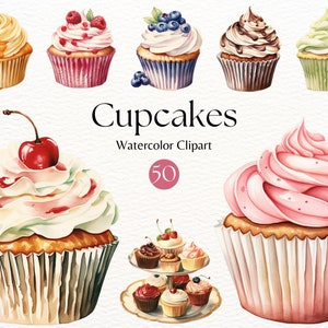 Watercolour Cupcakes Clipart | Vintage Cupcake Sublimation | Desserts and treats | Cupcake PNG | Retro Cupcake | Cake Clipart | Junk Journal