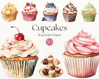 Aquarell Cupcakes Clipart | Vintage Kuchen Sublimation | Desserts und Leckereien | Cupcake PNG | Retro Cupcake | Kuchen Clipart | Junk Journal