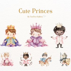 May include: Watercolor illustration of six cute princes in various poses. The princes are wearing crowns, capes, and other royal attire. The illustration is perfect for a children's book or a nursery decor.