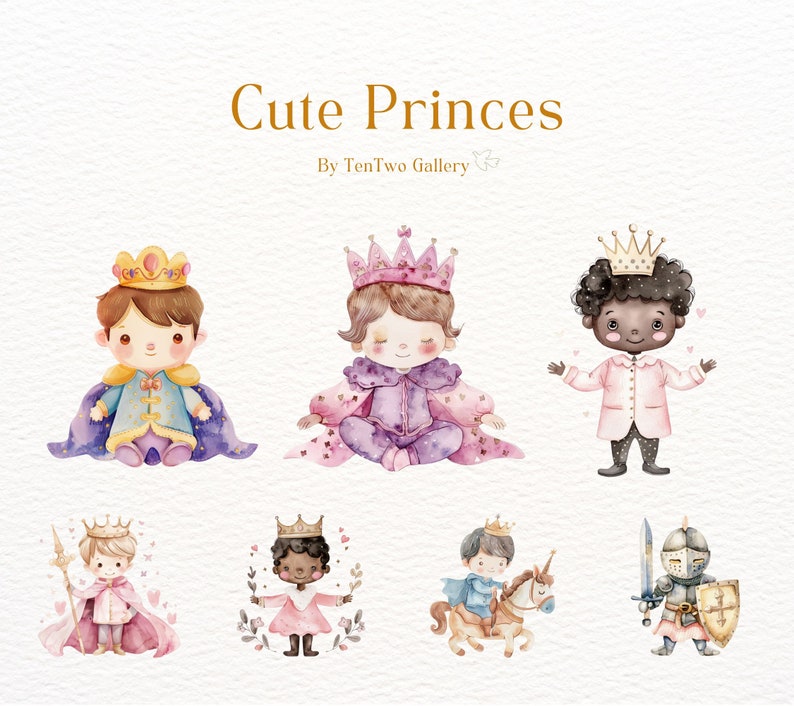 May include: Watercolor illustration of six cute princes in various poses. The princes are wearing crowns, capes, and other royal attire. The illustration is perfect for a children's book or a nursery decor.