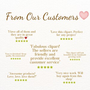 May include: Image of customer reviews for digital clipart. The reviews are positive and include phrases like "Fabulous clipart!" and "Love this clipart. Perfect for any project."