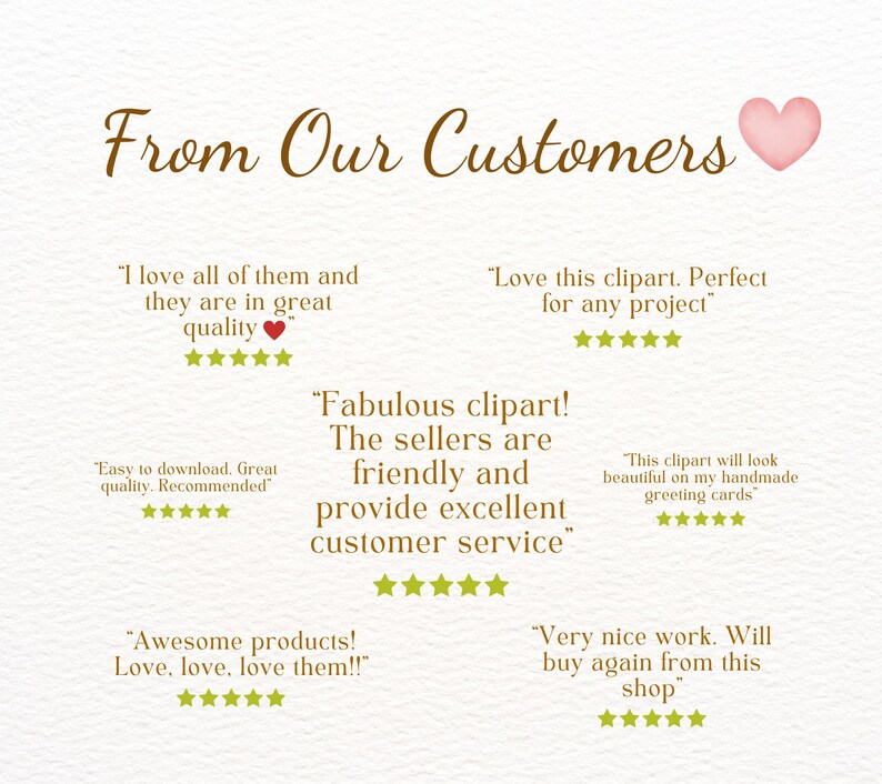 May include: Image of customer reviews for digital clipart. The reviews are positive and include phrases like "Fabulous clipart!" and "Love this clipart. Perfect for any project."