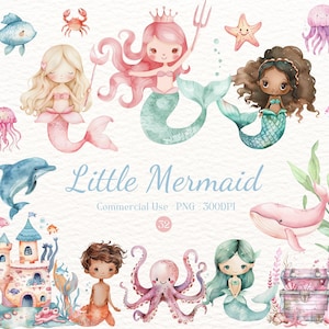 Clipart petite sirène, sirène mignonne PNG, sirène rose, clipart sous la mer, conte de fées aquarelle, adorable graphique pour chambre d'enfant, baby shower