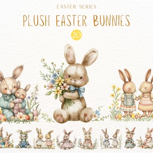 Clipart de coelhinhos da Páscoa, clipart de coelhinho de pelúcia fofo, coelhinhos florais em aquarela, clipart de Páscoa, clipart de primavera, gráficos de coelhinhos de pelúcia
