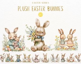 Osterhasen Clipart, süße Plüschtier Hasen Clipart, Aquarell Blumenhasen, Oster Clipart, Frühling Clipart, Stoffhasen Grafiken