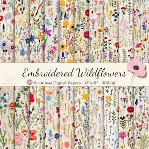 Embroidered Wildflower Seamless Digital Paper, Faux Embroidery, Floral Printable Scrapbook Paper, Floral Backgrounds, Commercial Use Pattern