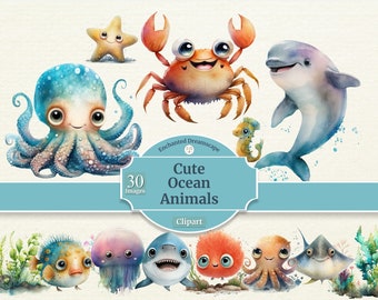 Watercolour Ocean Animals Clipart | Under the Sea Clipart Bundle | PNG | Full Commercial Use | Sea Animals with instant download