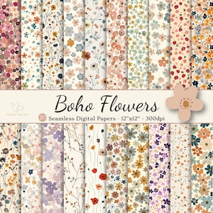 Papier numérique sans couture fleurs bohèmes, papier de scrapbooking floral d'été imprimable, arrière-plans floraux, usages commerciaux motifs de fleurs de printemps bohèmes