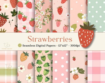 Papel imprimible de fresa, papel de fresa digital sin costuras, descarga digital, lindo patrón de fresa JPG, scrapbooking, diario basura