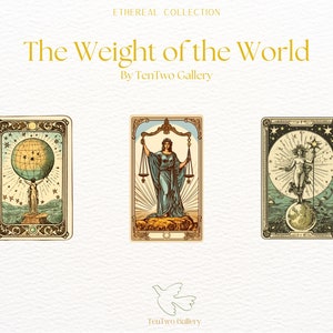May include: Three vintage tarot cards with gold trim and illustrations. The cards are titled "The World", "Justice", and "The Star". The cards are part of the "Ethereal Collection" by TenTwo Gallery.
