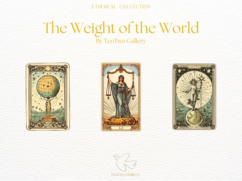 May include: Three vintage tarot cards with gold trim and illustrations. The cards are titled "The World", "Justice", and "The Star". The cards are part of the "Ethereal Collection" by TenTwo Gallery.