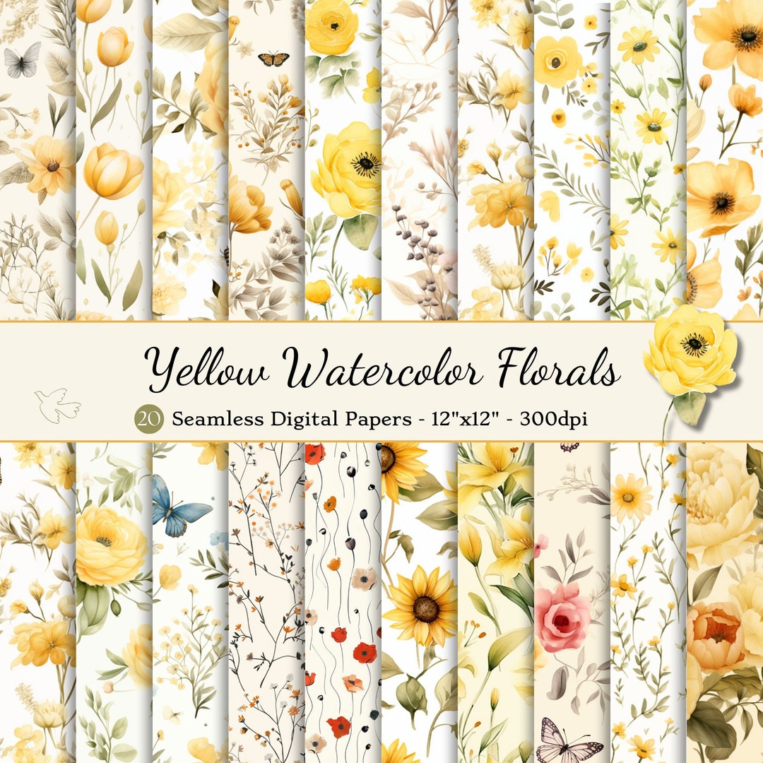 Watercolor Flowers Seamless Digital Paper, Yellow Chic & Shabby Floral ...