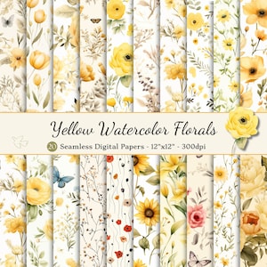 Aquarell Blumen Nahtloses Digital Papier, Gelb Chic & Shabby Floral bedruckbares Scrapbook Papier, Florale Hintergründe, Muster für den kommerziellen Gebrauch