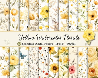 Aquarel bloemen naadloos digitaal papier, geel chic & armoedig bloemen afdrukbaar scrapbookpapier, bloemenachtergronden, patroon voor commercieel gebruik