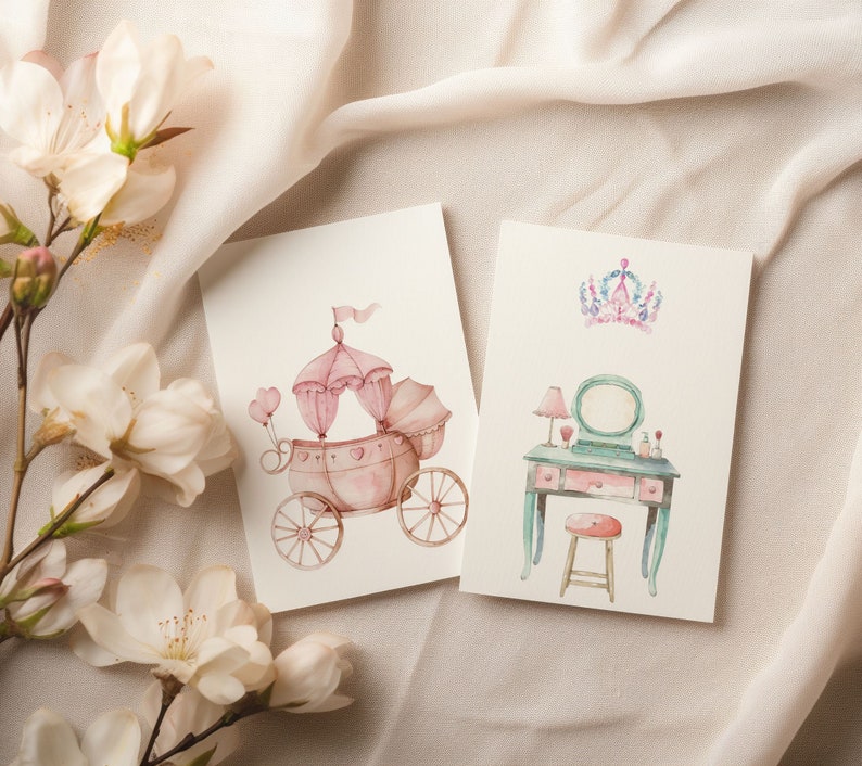 May include: Two watercolor illustrations on white cardstock. The first illustration shows a pink carriage with a white canopy and pink hearts. The second illustration shows a vanity with a mirror, a stool, and a crown.