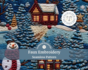 Faux Stickerei Häkelnahtloses Muster, weihnachtliche nahtlose Datei für Stoffdruck, Schneemannmuster, gemütliche Weihnachten, digitale Datei