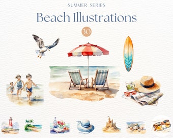 Watercolor Beach Clipart, Beachy vibe Clipart, Summer Graphics, Sun Chairs, Picnic, Surf Boards, Sandcastle, Vacation Sublimation, Seaside