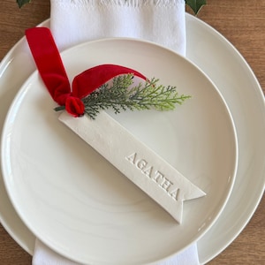 Personalized White Clay Place Cards | Name Plates For Holiday Dinners, Showers, Wedding | Clay, Faux Greens & Ribbon | Place Setting