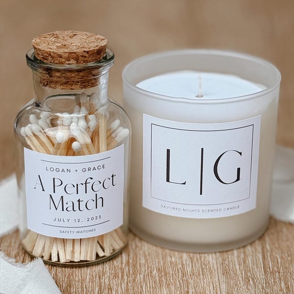 Personalized Wedding Candle & Match Set: Engagement Gift for Couple