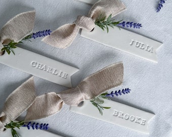 Personalized White Clay Place Card | Name Plate For Weddings, Formal Dinners, Showers, Luncheons | Lavender | Place Setting | Easter