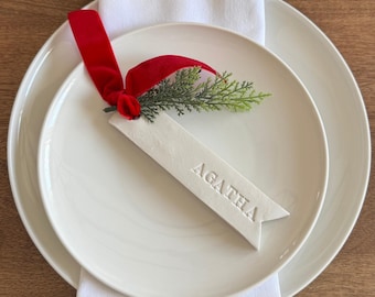 Personalized Clay Place Cards: Faux Greenery & Velvet Ribbon