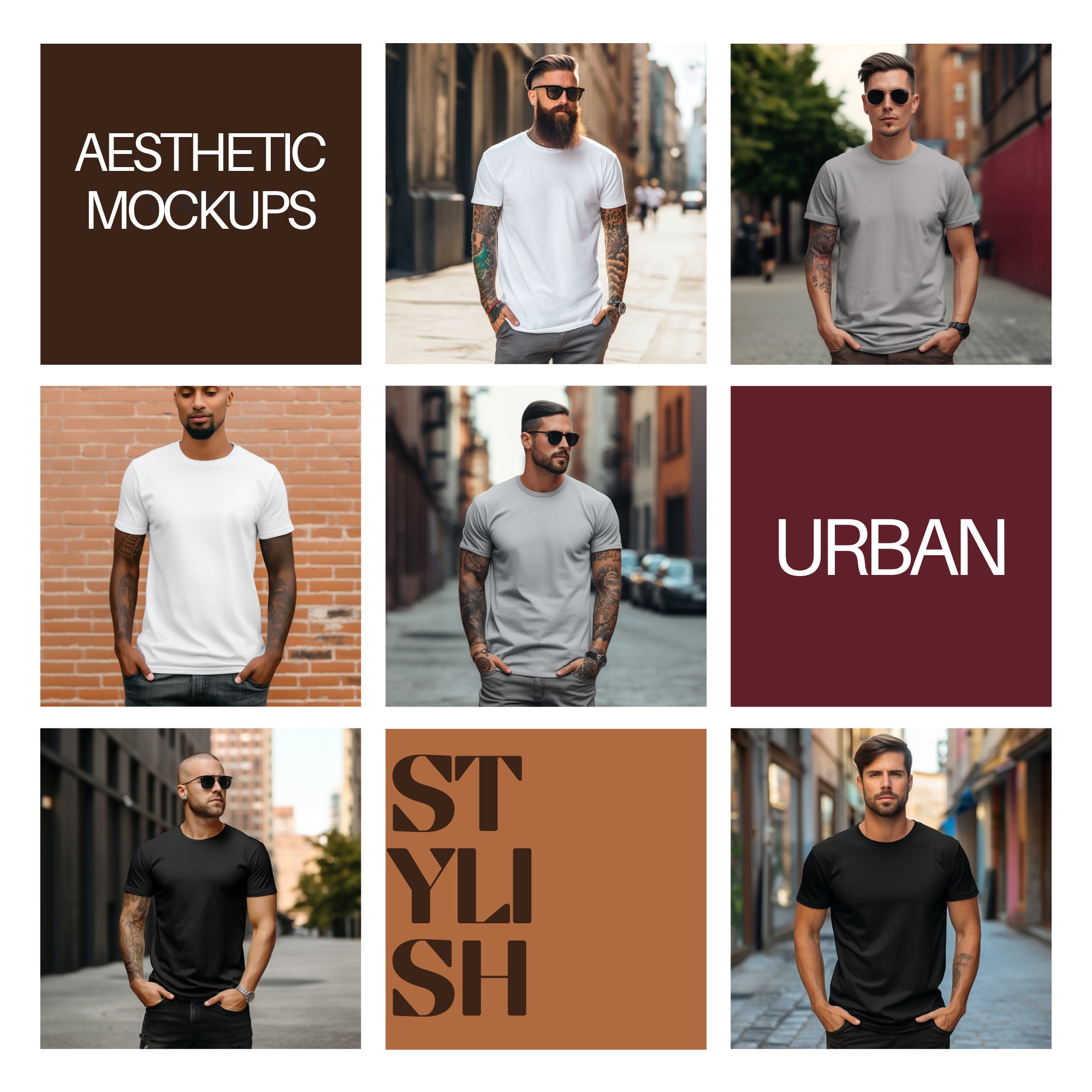 Bella Canvas 3001 Urban T-shirt Mockup Bundle, Male Model, Black/white