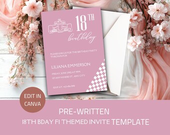 Digital Pink Formula 1 18th Birthday Invitation | Editable Racing Car Party Invite | Instant Download | F1 Birthday Template
