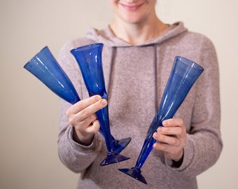 Set Of 3 Vintage Cobalt Blue Art Glass Funky Distorted Handmade Handblown Unique Ultra Rare High Stemmed Tall Champagne Wine Flute Glasses