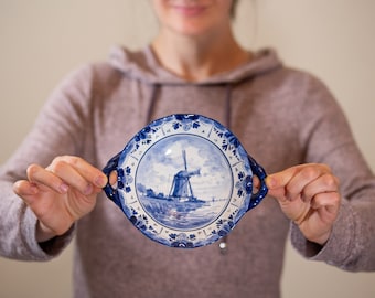 Vintage Signed Delft Blue Holland Decorative Wall Hanging Porcelain Dutch Plate Handpainted Floral Ornaments And Windmill Retro Collectible