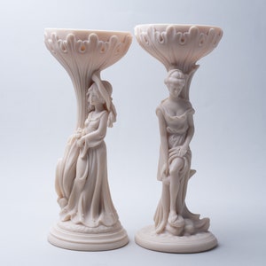 Vintage Alabaster Sculpted Figurine Set Two 2pcs Candle Holder Alfonso Lucchesi Made In Italy Statue Alabaster Resin Retro Romanian Design image 2