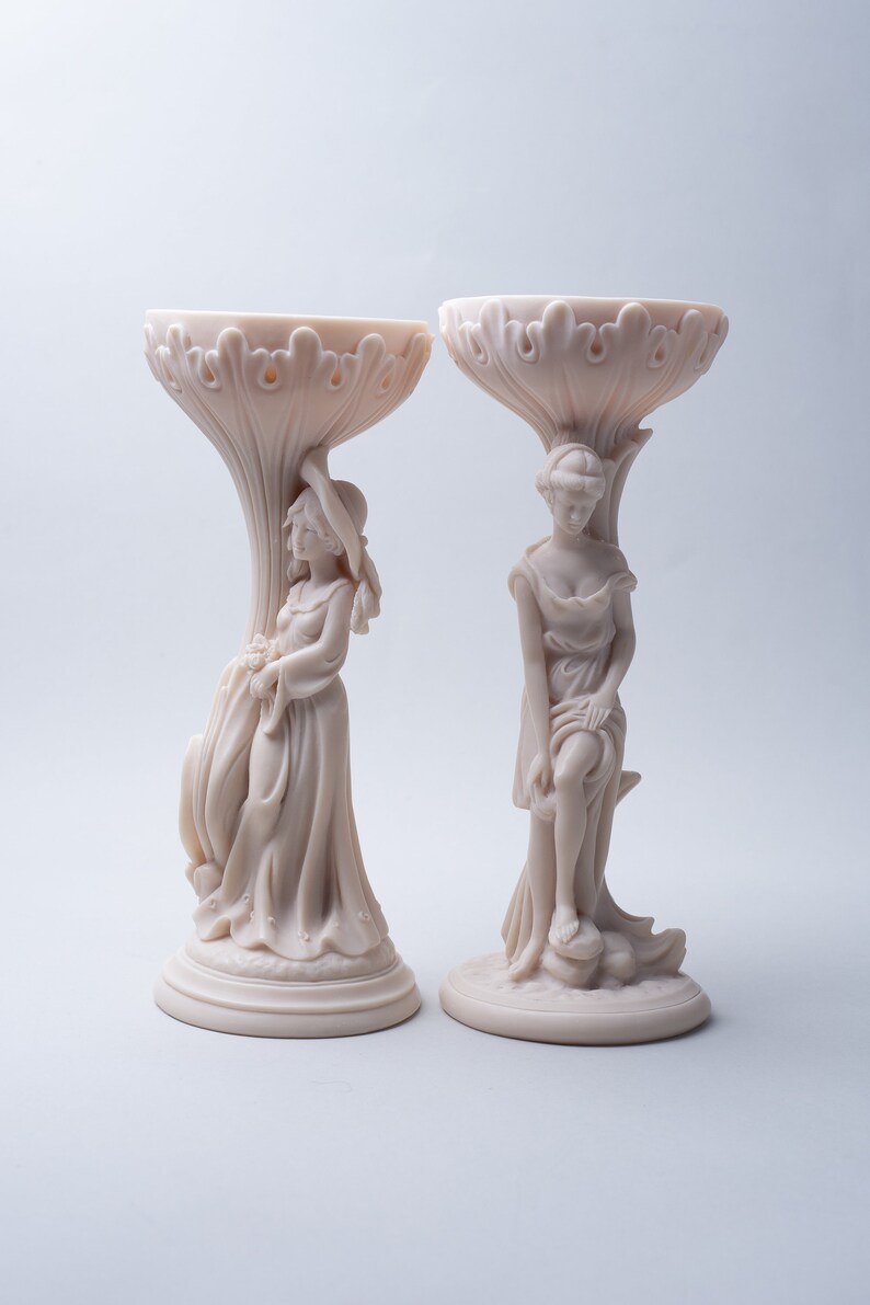 Vintage Alabaster Sculpted Figurine Set Two 2pcs Candle Holder Alfonso Lucchesi Made In Italy Statue Alabaster Resin Retro Romanian Design image 2